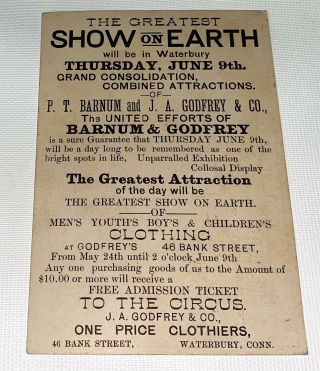 Rare Antique Victorian American Greatest Show On Earth Barnum Trade Card Ct