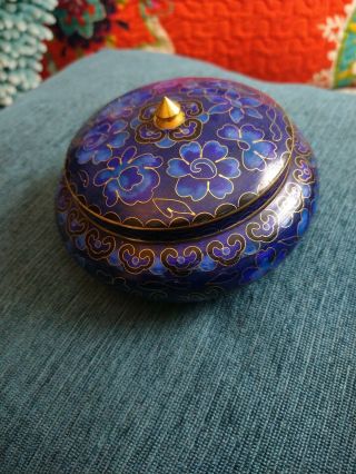 A Chinese Antique Brass Cloisonne Blue Floral Pot With Lid 5 " Hand Painted
