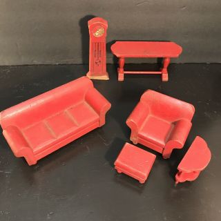 1931 STROMBECKER 7 - pc WOODEN Doll House FURNITURE RED LIVING ROOM SET 1 