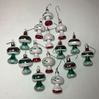 15 Blown Glass Ornaments White & Green Glitter Mushroom Christmas Ornaments Rare