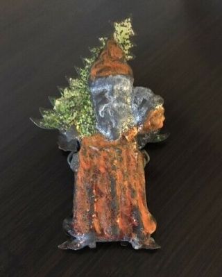 3 Rare Antique Victorian Embossed / Painted Santa Claus Tin Candle Clip - Orange