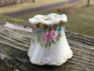 Antique Ceramic Stick Hat Pin Holder Hand Painted Pink Roses Nippon