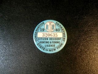 Vtg Rare 1940 York State Citizen Hunting & Fishing License Pinback.