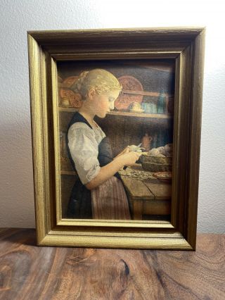Framed Printed Picture Vintage Style Girl Peeling 6 1/2” W X 8 1/2” H