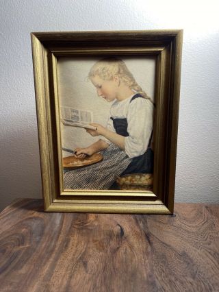 Framed Printed Picture Vintage Style Girl Reading 6 1/2” W X 8 1/2” H