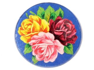 Vintage Czech Reverse Painted Rose Bouquet Crystal Glass Cabochon Element 42mm