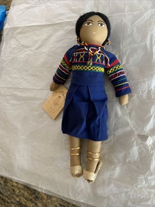 Vintage Filipino Hand Made 13 " Folk Art Cloth Doll With Embroidered Face
