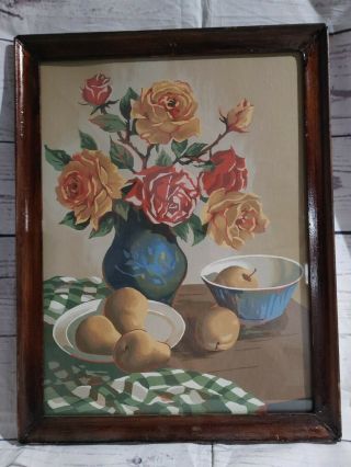 Mid Century Modern Paint By Number Painting Floral Fruit Still Life In Frame