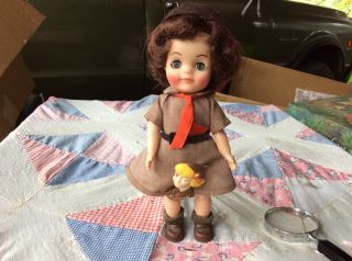Vintage Effanbee Official Brownie Girl Scout Doll 8.  5 " Sleepy Eyes Rare Pin