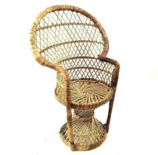 Vintage Brown High Back Peacock Fan Wicker Rattan Doll Chair Plant Stand 16 "