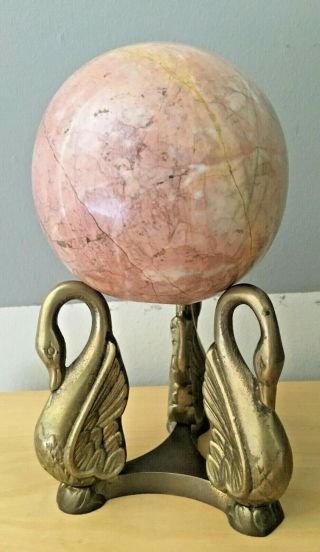 Rare Large Polished Pink Marble Rock Fossil Globe Ball On Brass Tri - Swan Stand