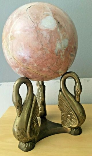 Rare Large Polished Pink Marble Rock Fossil Globe Ball on Brass Tri - Swan Stand 2