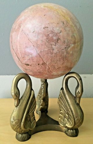 Rare Large Polished Pink Marble Rock Fossil Globe Ball on Brass Tri - Swan Stand 3