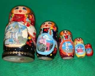 Antique Russian Nesting Dolls Set Of 5 6” Tall Hand Painted Castles