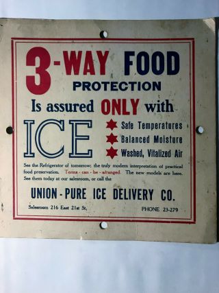 Rare Vintage 1930 ' s Union Pure Ice Delivery Co Dayton Ohio Advertising Sign 2