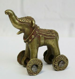 Vintage Antique Brass Bronze Toy Figurine Trunk Up Elephant On Wheels India 3 "