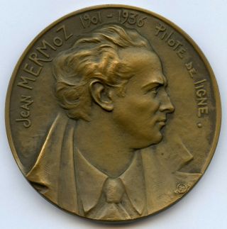 France Pilot Aviator Jean Mermoz Colonial Bronze Art Medal By Tarrit 1937 Rare