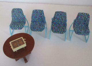 Barbie Dreamhouse 1978 Set 4 Blue Chairs,  Brown Table,  Outdoor Table Top Grill