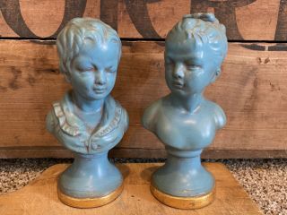 Pair Vintage Hollywood Regency Antiqued Blue Gold Gilt Statue Bust Boy Girl