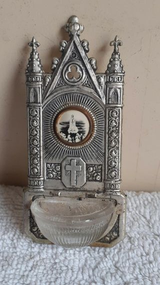 Antique Old Collectible Holy Water Font Our Lady Fatima Portugal Tin Glass Rare