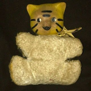 Vtg Antique Tiger Cat Kitten Plush Toy Stuffed Animal Rubber Foam Head Unknown