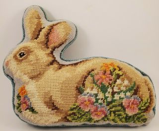 Vintage Needlepoint Rabbit Bunny Lying Down With Flowers Decorative Pillow