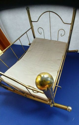 Vintage Baby Doll Crib Metal Brass Tone Rocking Bed With Mattress 12 " Long