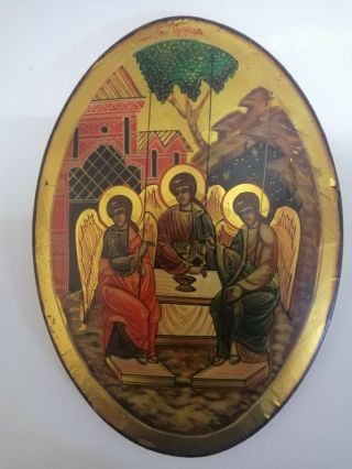 RARE ANTIQUE 20c HAND PAINTED RUSSIAN ICON OF THE TRINITY on gold oval 2