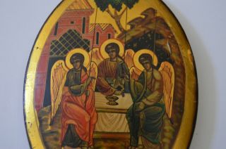RARE ANTIQUE 20c HAND PAINTED RUSSIAN ICON OF THE TRINITY on gold oval 3