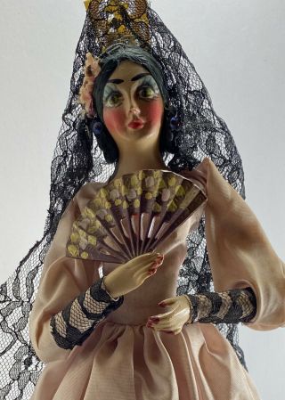 Vintage Ethnic Spanish Doll Hand Painted Face Pink Dress Black Lace 12”