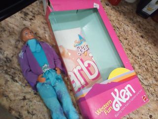 Vintage 1989 Mattel Western Fun Ken Doll In Orig Box - 9934 Pre Owned