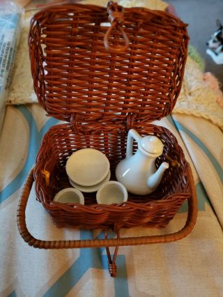 6 Pc.  White Porcelain Tea Set & Brown Wicker Picnic Basket