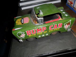Rare Vintage Japan Tin Toy Litho Friction Us Army Green Bump Car Pop Up Soldier