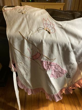 Vintage Apron,  Antique Beauty Full Apron Embroidery Woman On Swing Butterflies