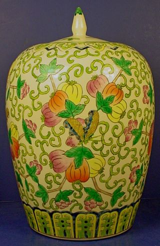 Vintage Chinese Polychrome Enamel Porcelain ‘fruit & Flowers’ Melon Jar