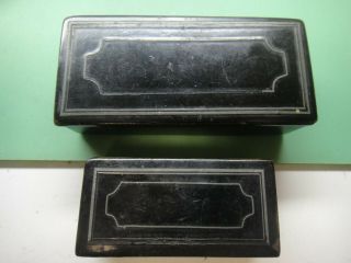 Pair Matching Antique Lacquer & Metal Inlaid Snuff Boxes Or Keepsake Boxes,