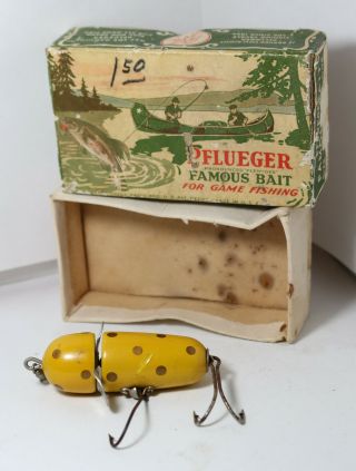 Vtg Wood Pflueger Globe Fishing Lure W/ Box,  Yellow