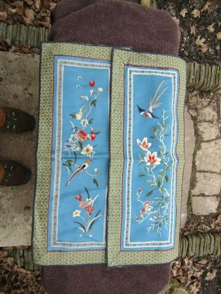 Vintage Chinese Silk Embroidery Tapestry Panel Pair Birds Insects 24 X10 Great C