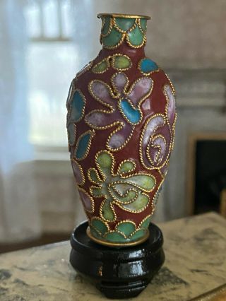 Vintage Miniature Dollhouse 1:12 Artisan Wood Brass Enamel Cloisonne Floor Vase
