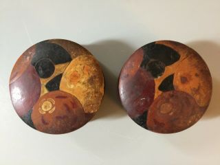 Set Of 2 Antique Vintage Modern Art Deco Hand Painted Round Wooden Boxes Rare