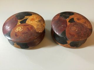 Set of 2 ANTIQUE VINTAGE Modern Art Deco Hand Painted Round Wooden Boxes Rare 2