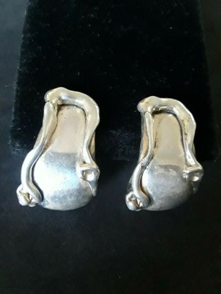 Rare Vtg Designer Signed Je Sterling Silver Israel Clip Earrings Brutalist