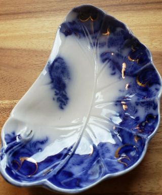 Gorgeous Antique Flow Blue Grindley Argyle Bone Dish With Gold