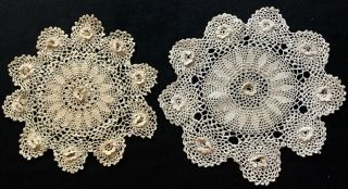 Antique Two Irish Crochet Lace Ecru Doilies 7 1/4 " And 6 3/4 " Across