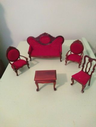Vintage,  Wood & Red Velvet Couch,  3 Chairs & 1 End Table - Doll House Furniture