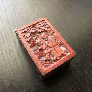 Antique 19th C Chinese Carved Red Cinnabar Lacquer Match Box Holder Figures Art