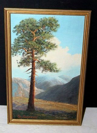 Vtg Mini Oil Painting On Canvas " Lone Pine Tree " Solid Wood Frame,  Signed