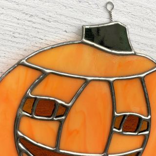 Vintage Real Stained Glass Pumpkin Jack O Lantern Halloween Suncatcher