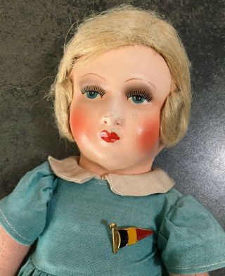 UNICA Vintage Paper Mache/Composition Belgium Doll w/French Flag Pin 3