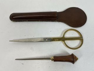 Solingen Rare Vintage Letter Opener Scissors,  Blade & Leather Holder Germany